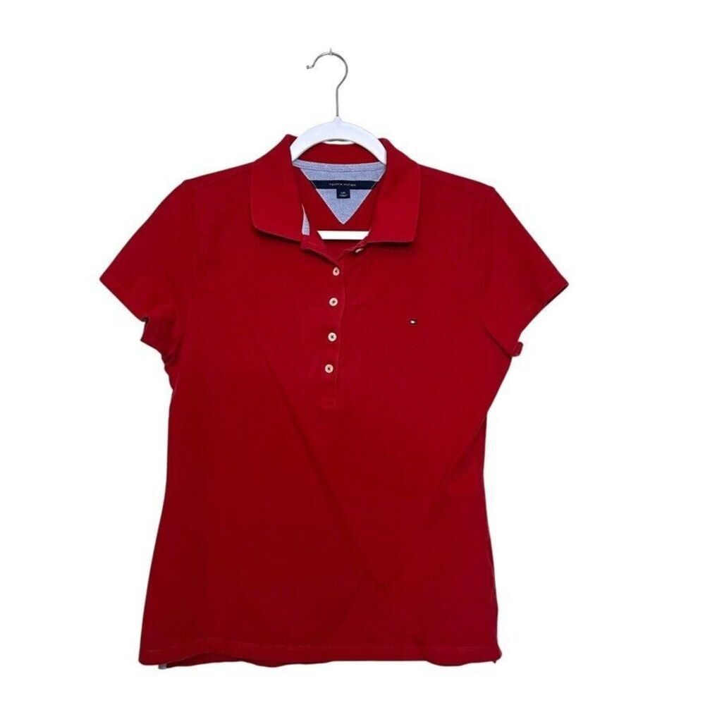 Vintage Tommy Hilfiger Polo Shirt Women's L Red Cap Sleeve Preppy Fitted Style